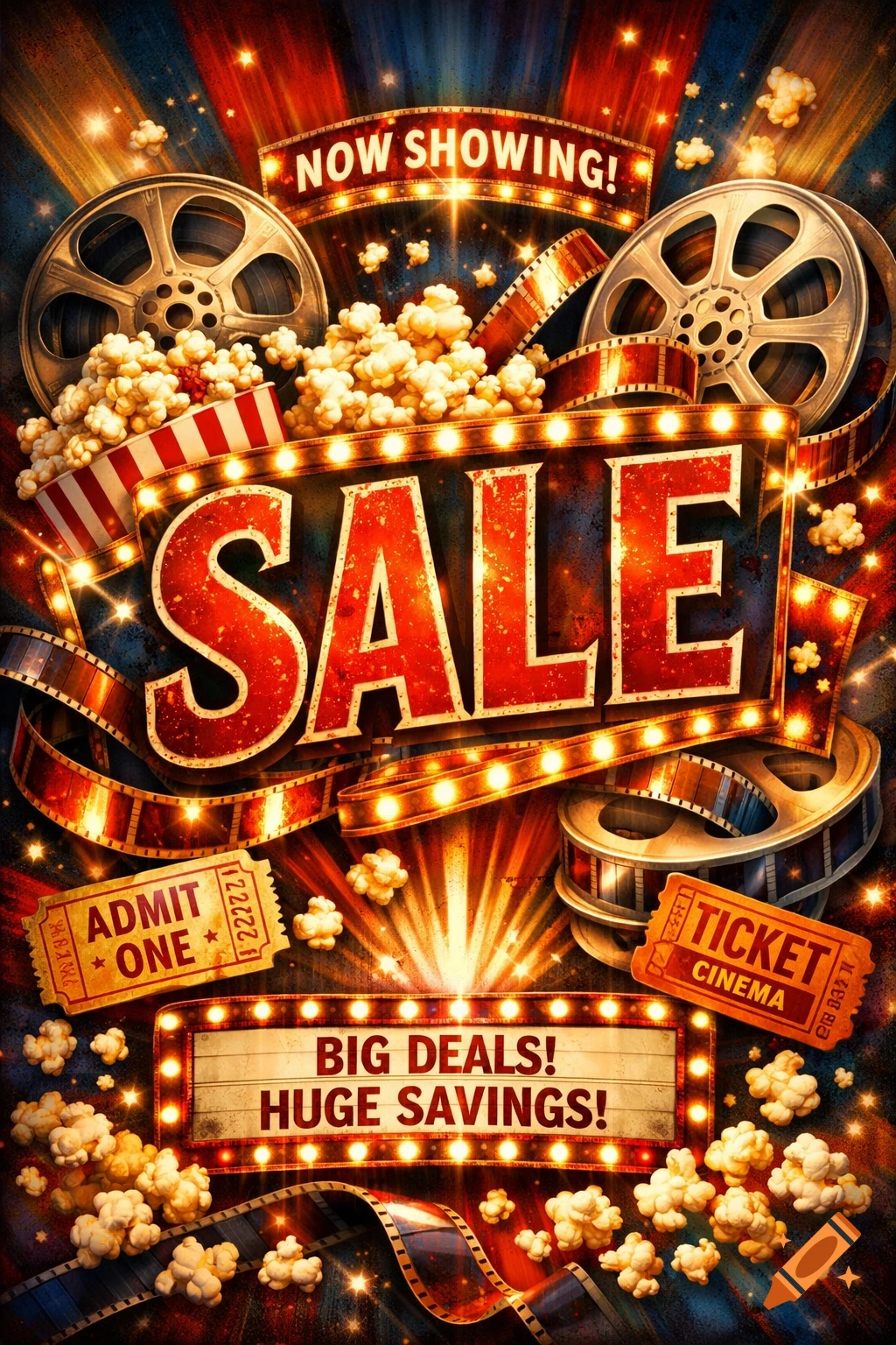 Vibrant retro movie poster advertising a sale, with illuminated 'SALE' sign, popcorn, film reels, and cinema tickets.
