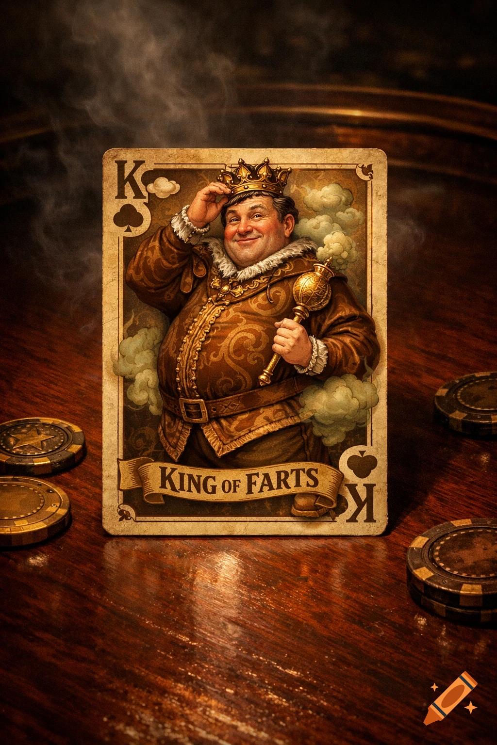 A stylized playing card, 'King of Farts', depicts a jovial, crown-wearing king on a poker table with chips.
