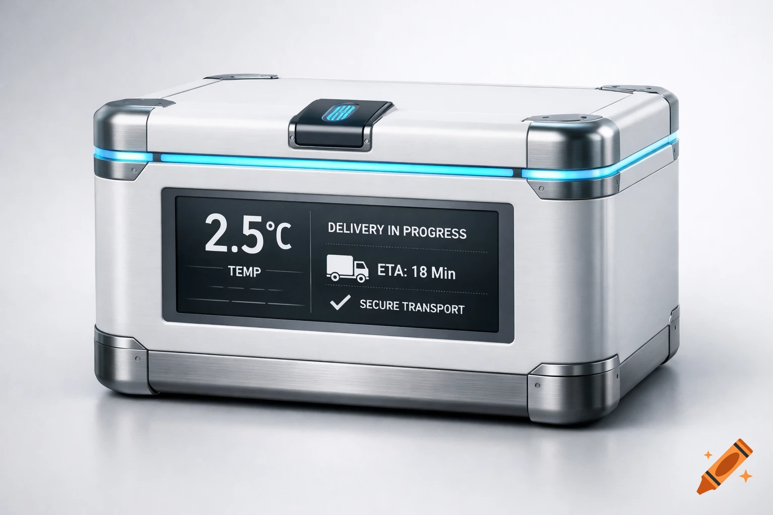 A white and silver futuristic insulated delivery box with a screen displaying '2.5°C', 'Delivery in Progress', and 'ETA: 18 Min'.