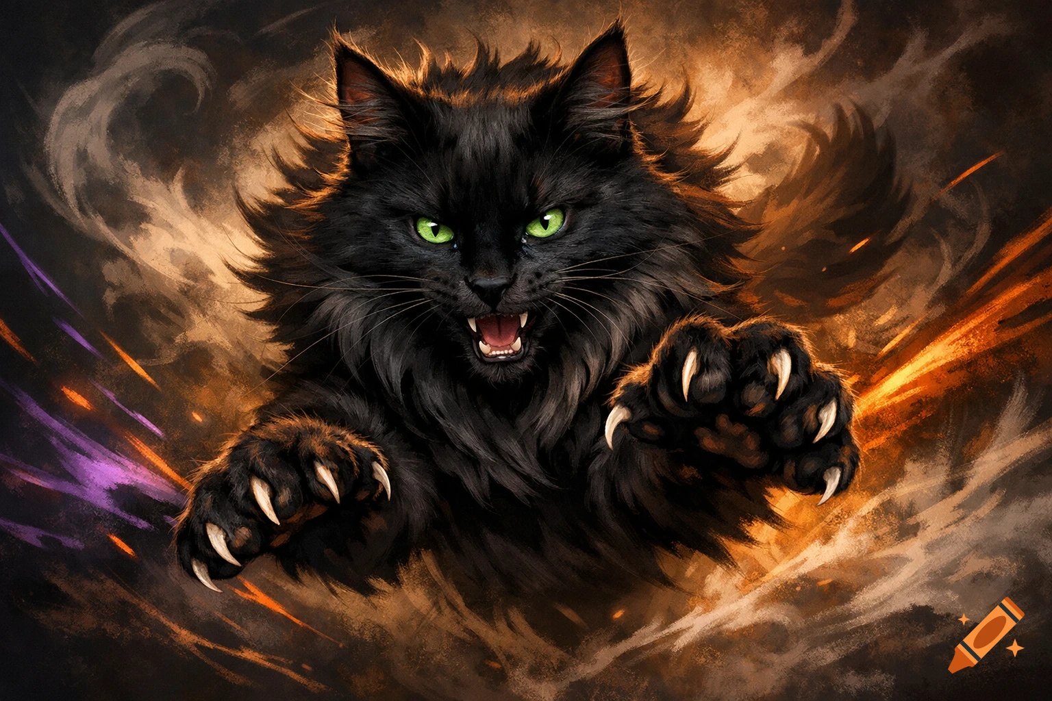 A fierce black cat with glowing green eyes and extended claws lunges forward against a smoky, fiery background, digital art.