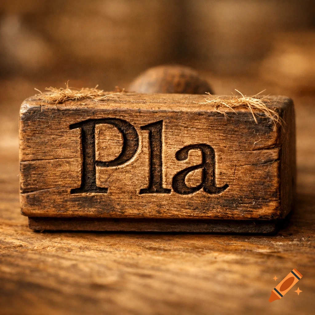 Close-up of a rustic wooden stamp with the word 'Pla' carved into it, resting on a wooden surface.