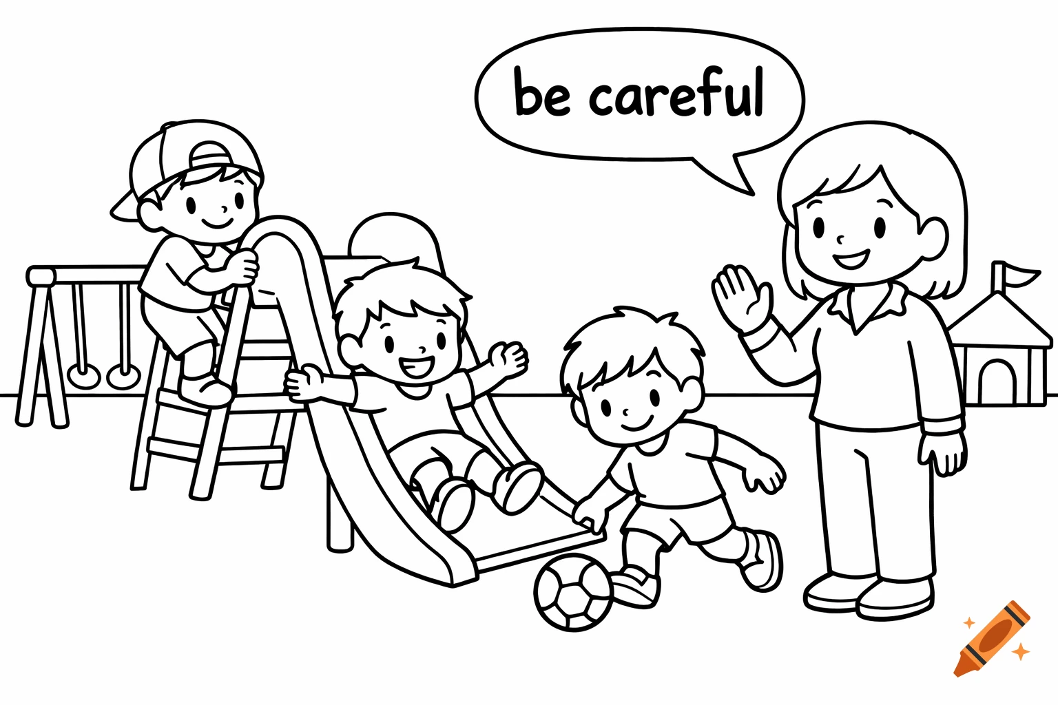 Black and white line art coloring page shows a teacher saying 'be careful' to three boys playing on a slide and with a soccer ball in a playground.