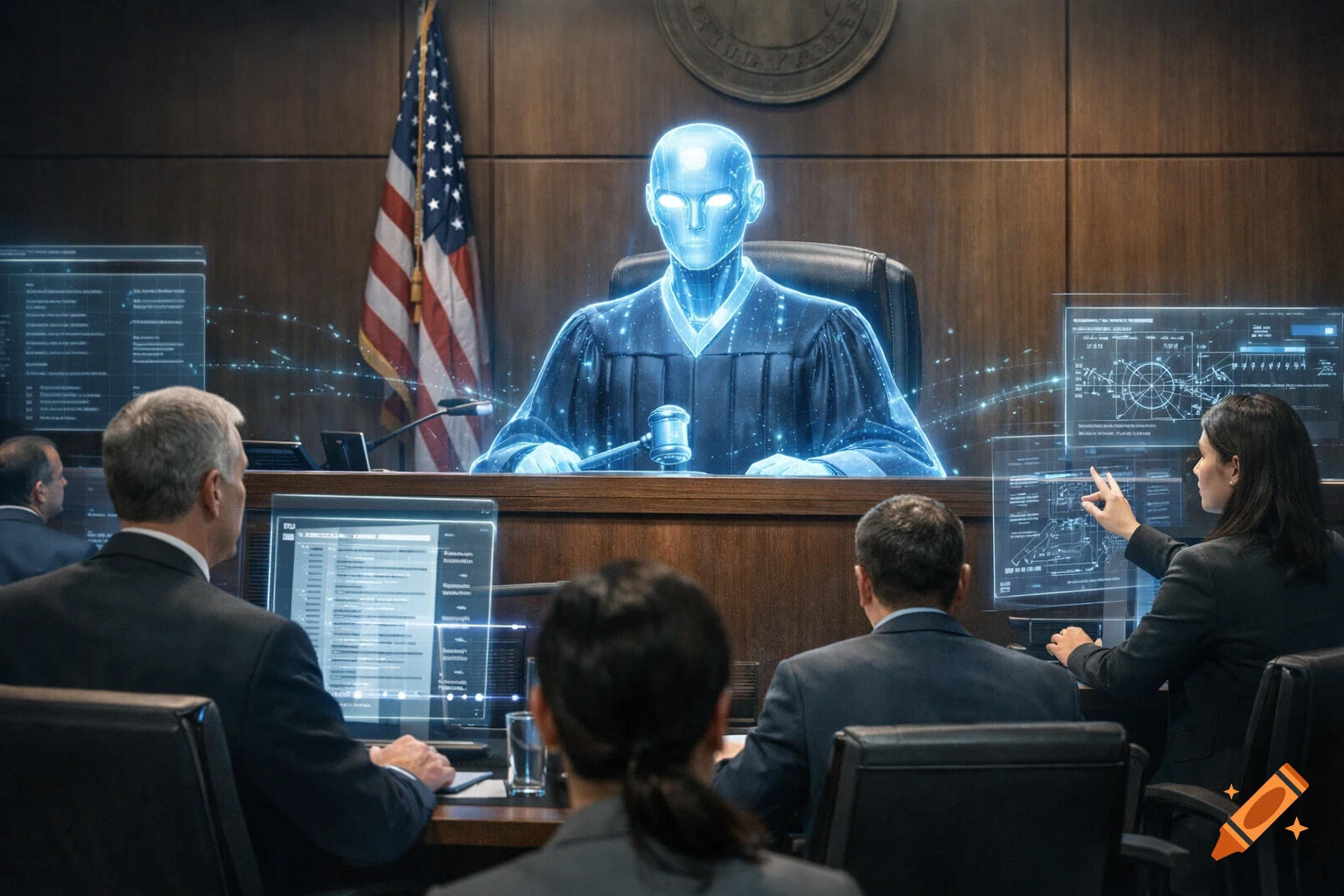 A futuristic courtroom with a glowing blue AI judge presiding over human lawyers and holographic data screens.
