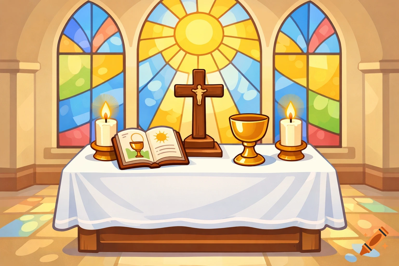 A warm, inviting cartoon illustration of a Catholic church altar with a white cloth, two lit candles, a crucifix, a chalice, and an open Bible against stained glass windows.