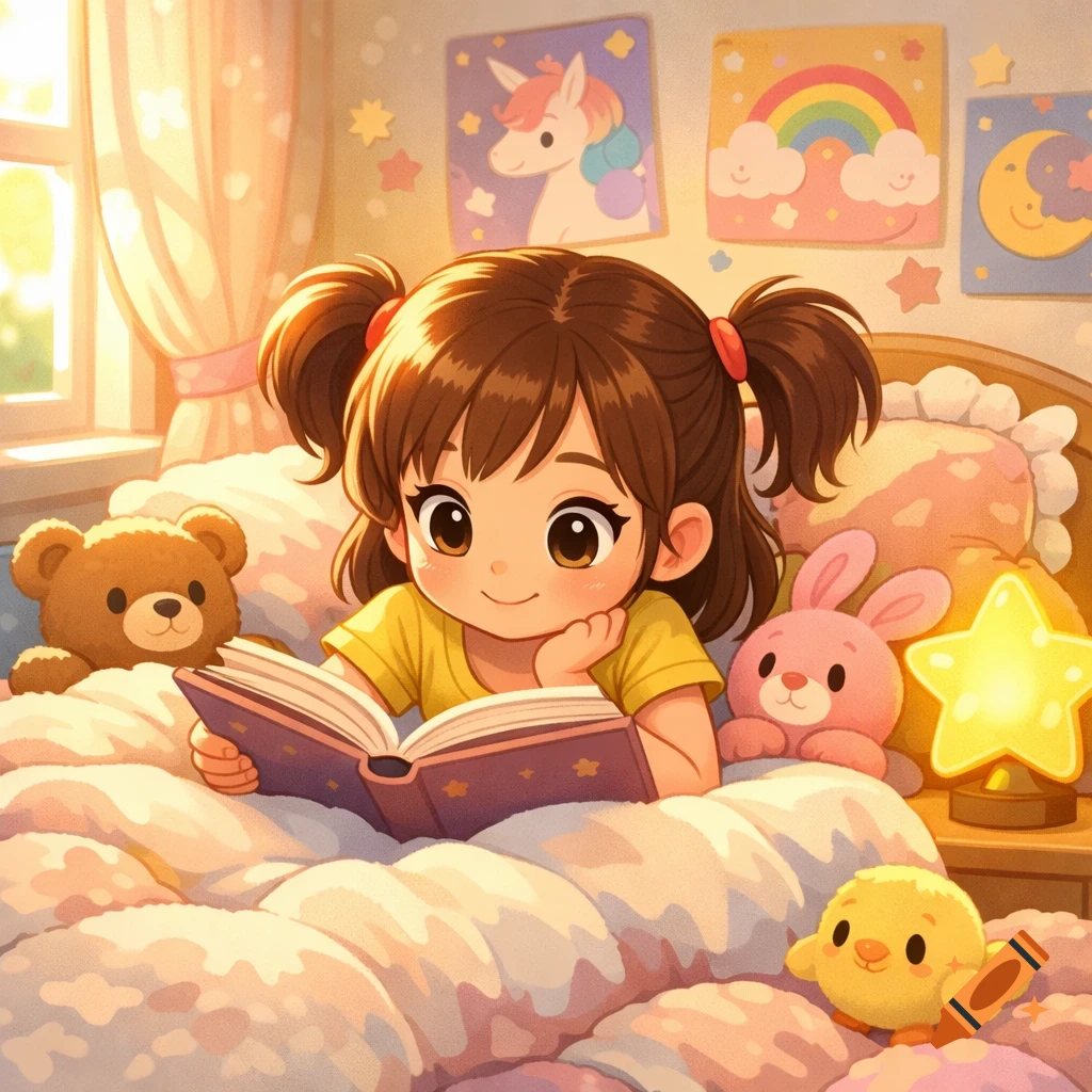 A cute anime girl with pigtails reads a book in bed, surrounded by a teddy bear, a pink bunny, and a yellow chick toy, with unicorn and rainbow posters on the wall.