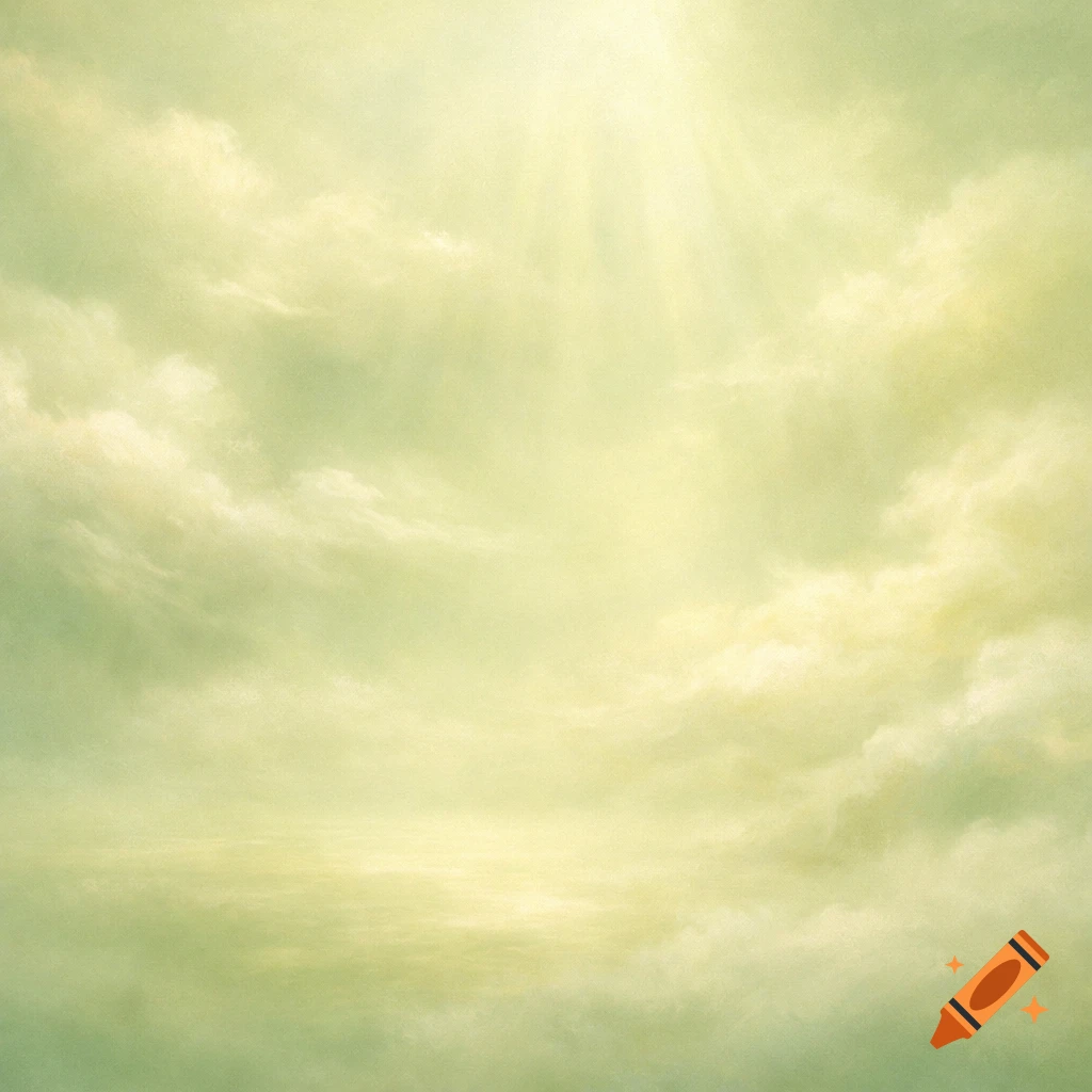 A serene sky with light green and yellow clouds, illuminated by soft sun rays from above.