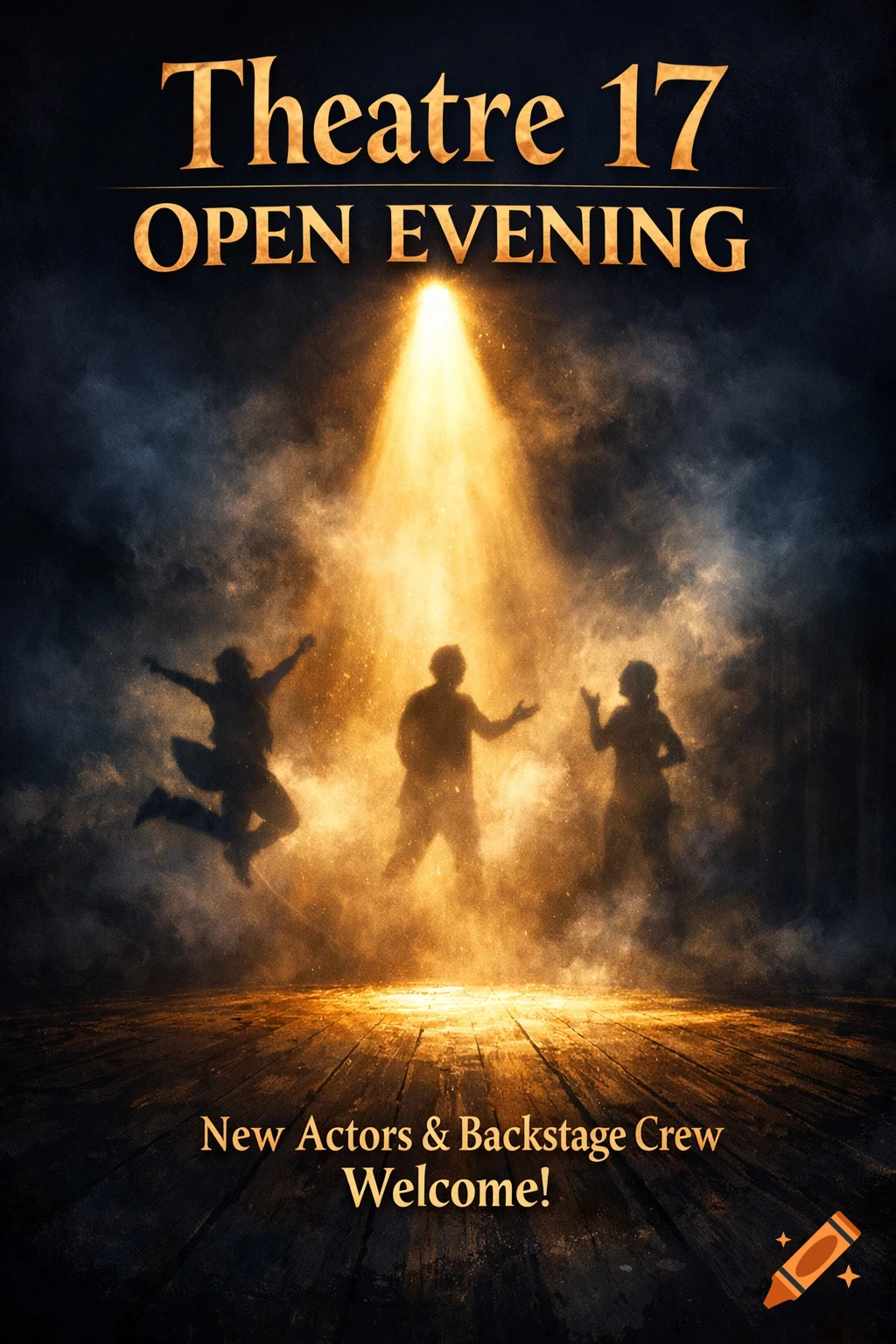 Poster for 'Theatre 17 Open Evening' with three actor silhouettes on a smoky stage under a bright spotlight, on a dark wooden floor.
