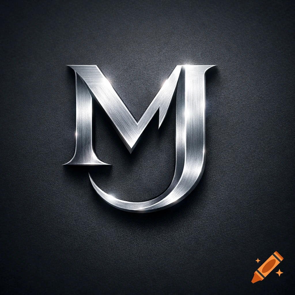 A shiny brushed metallic monogram featuring the letters M and J intertwined, casting shadows on a dark textured background.