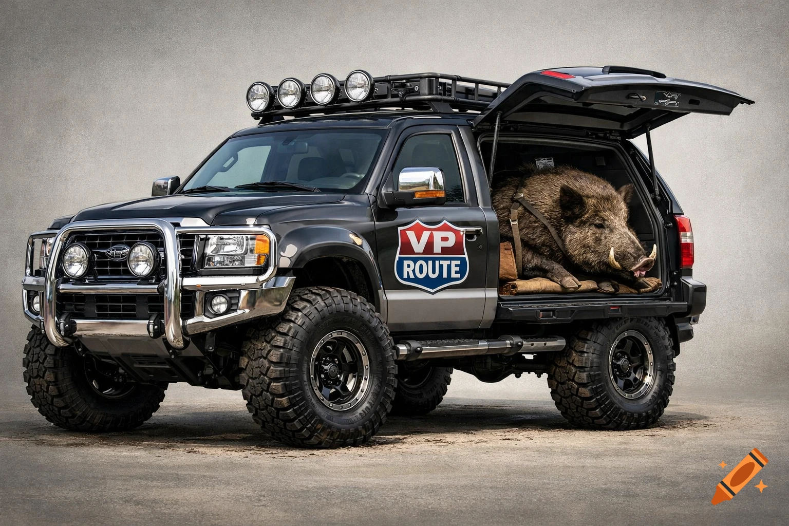 A black off-road SUV with a chrome bull bar, roof lights, and a 'VP ROUTE' logo, carrying a large wild boar in its open rear trunk.