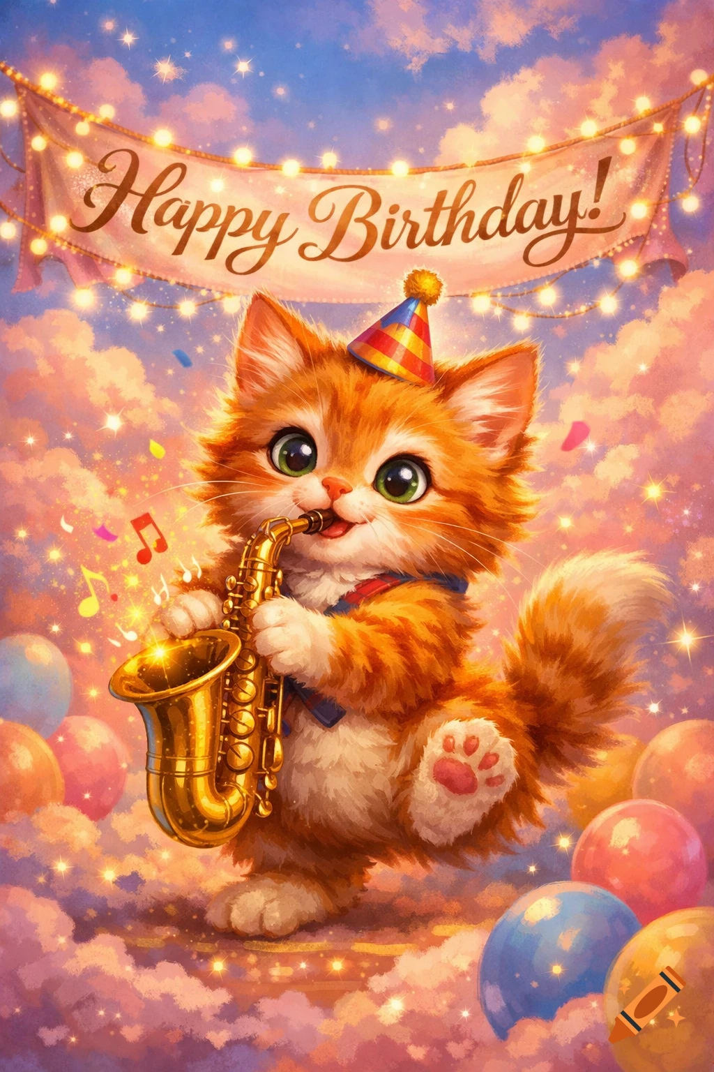 A cute orange cat in a party hat plays a saxophone under a 'Happy Birthday!' banner, with balloons and sparkling clouds in a fairytale style.