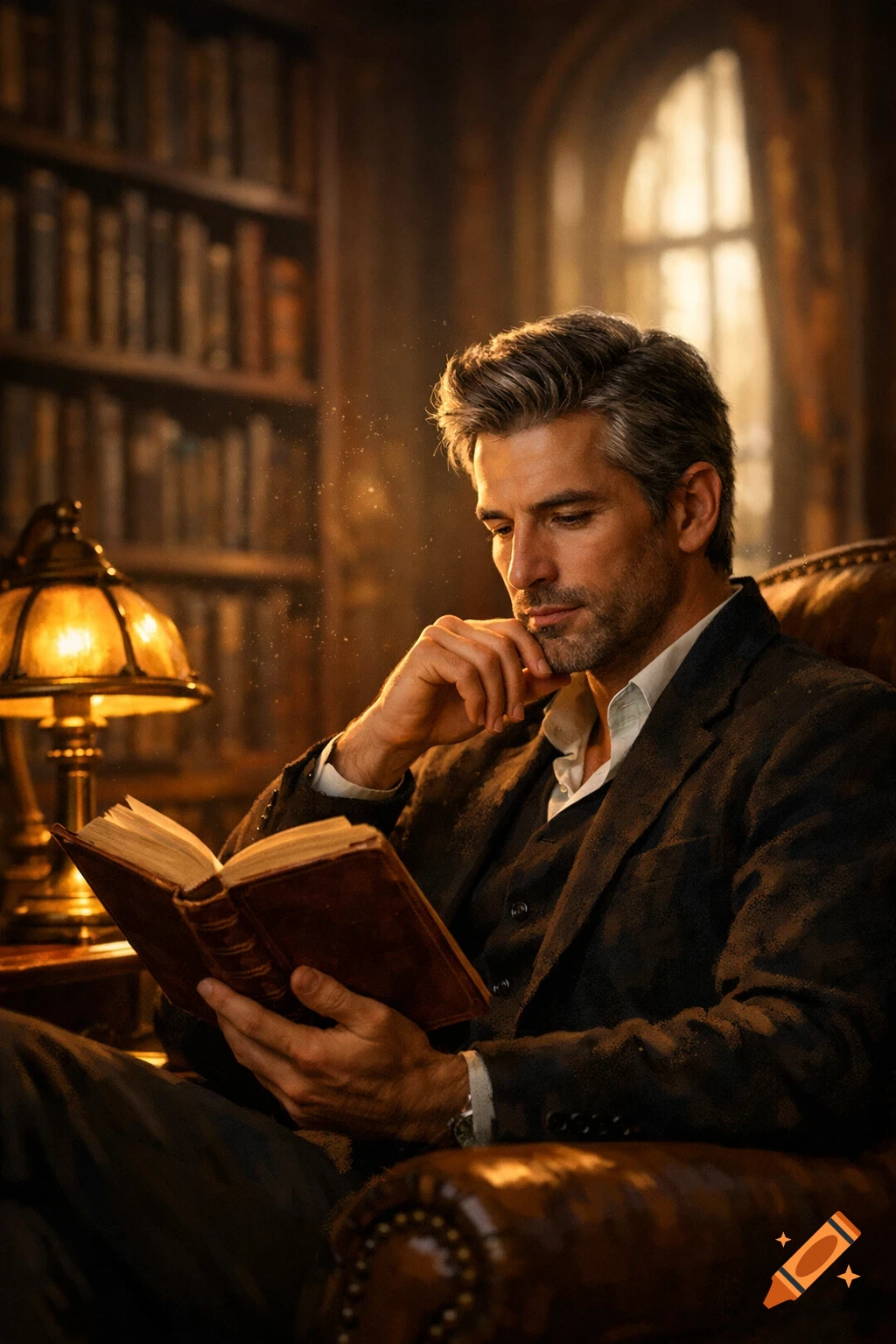 A handsome man with graying hair sits in a leather armchair, engrossed in a book in a warmly lit, classic library.