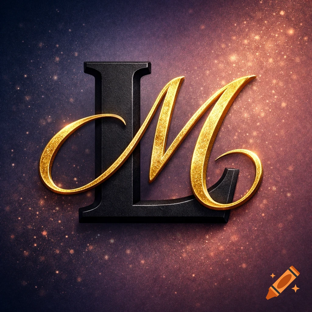 A stylized monogram with a black block capital L and a golden script capital M, set against a sparkling dark background.