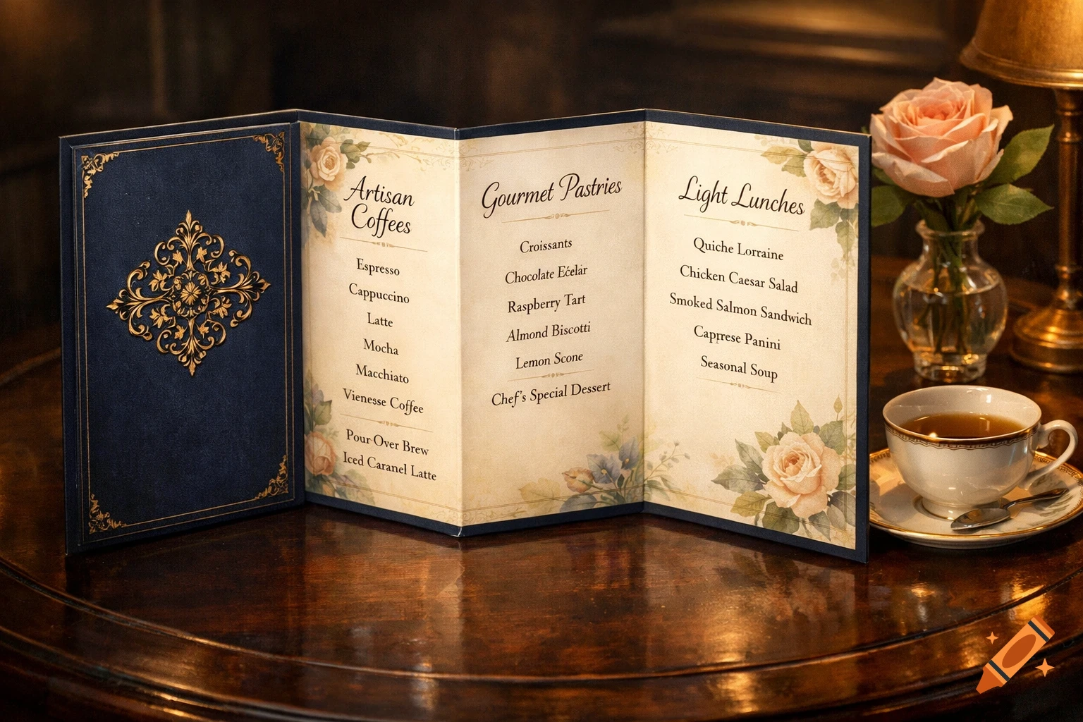 A fancy tri-fold menu on a dark wooden table next to a cup of tea and a pink rose, with golden accents.
