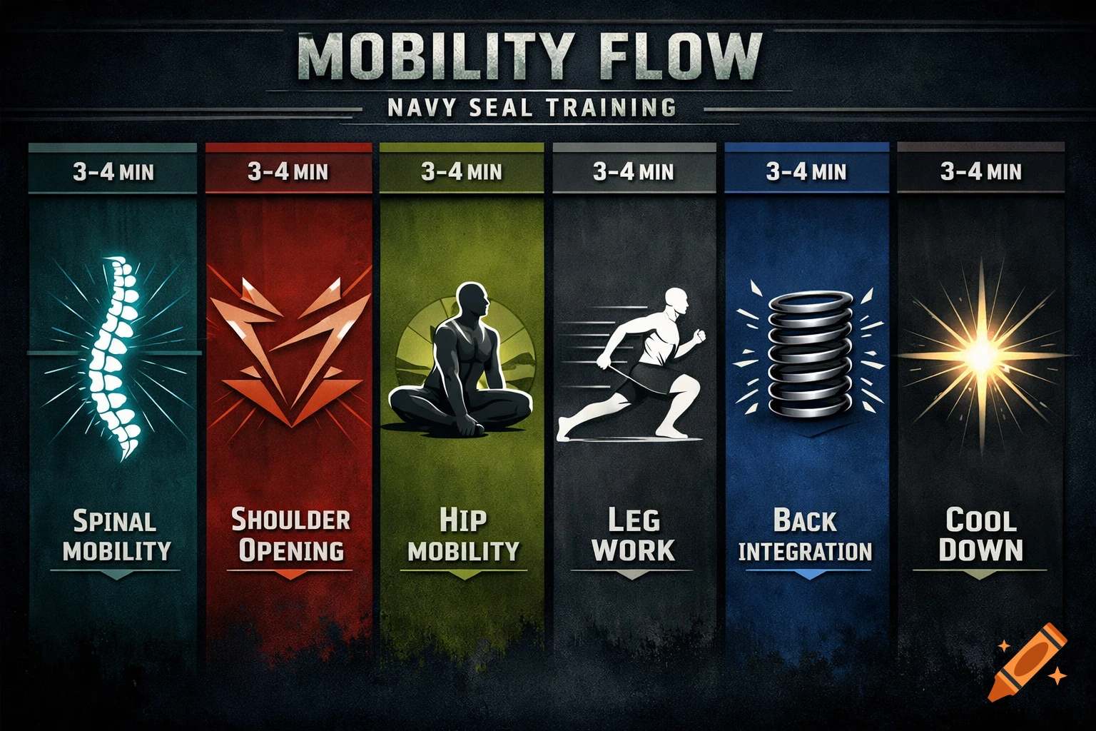 An infographic displaying a 'Mobility Flow Navy SEAL Training' workout, divided into six colored blocks with icons for spinal, shoulder, hip, leg, back, and cool-down exercises.