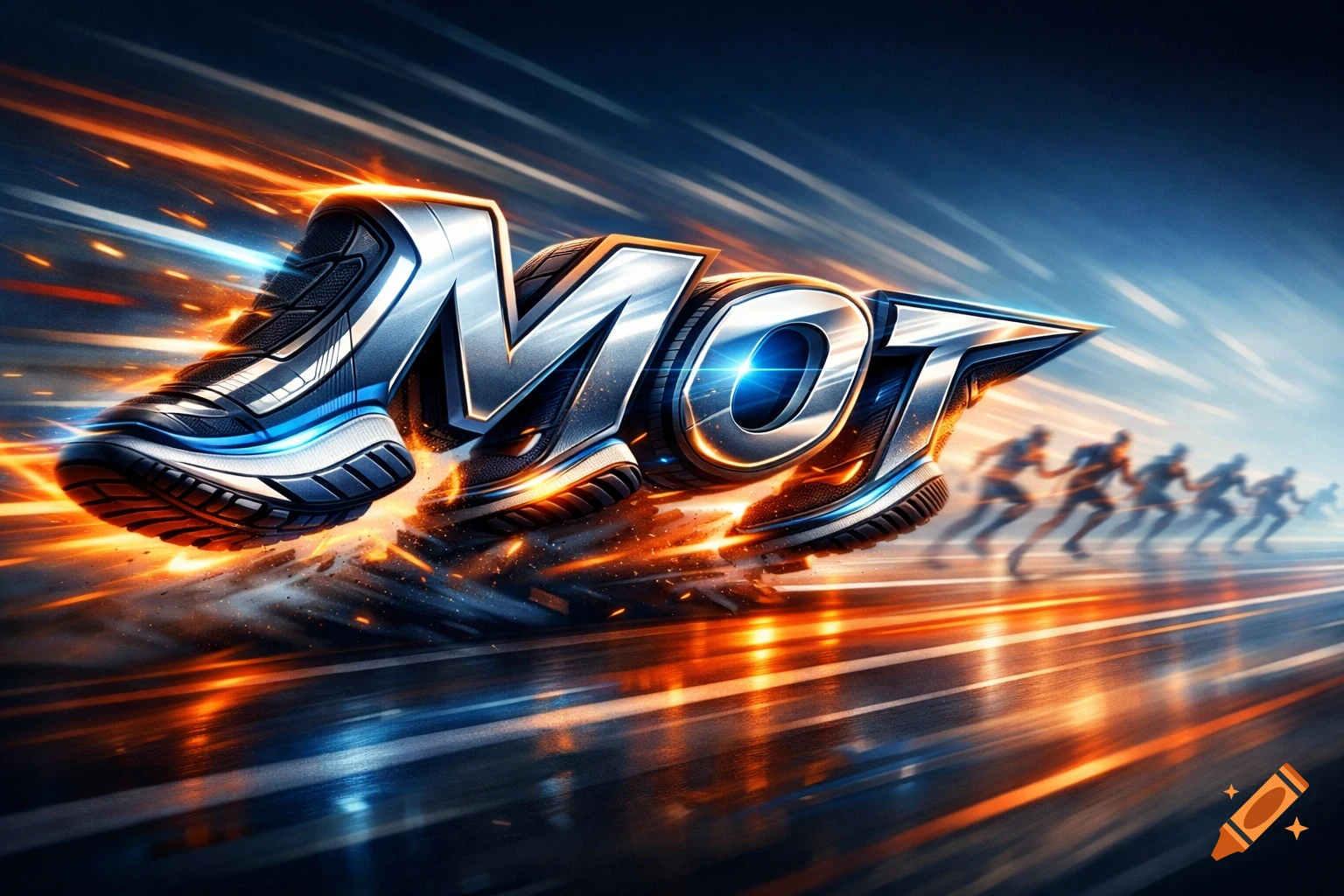 Dynamic image of metallic 'MOT' text shaped like running shoes, glowing with speed, racing past blurred competitors.