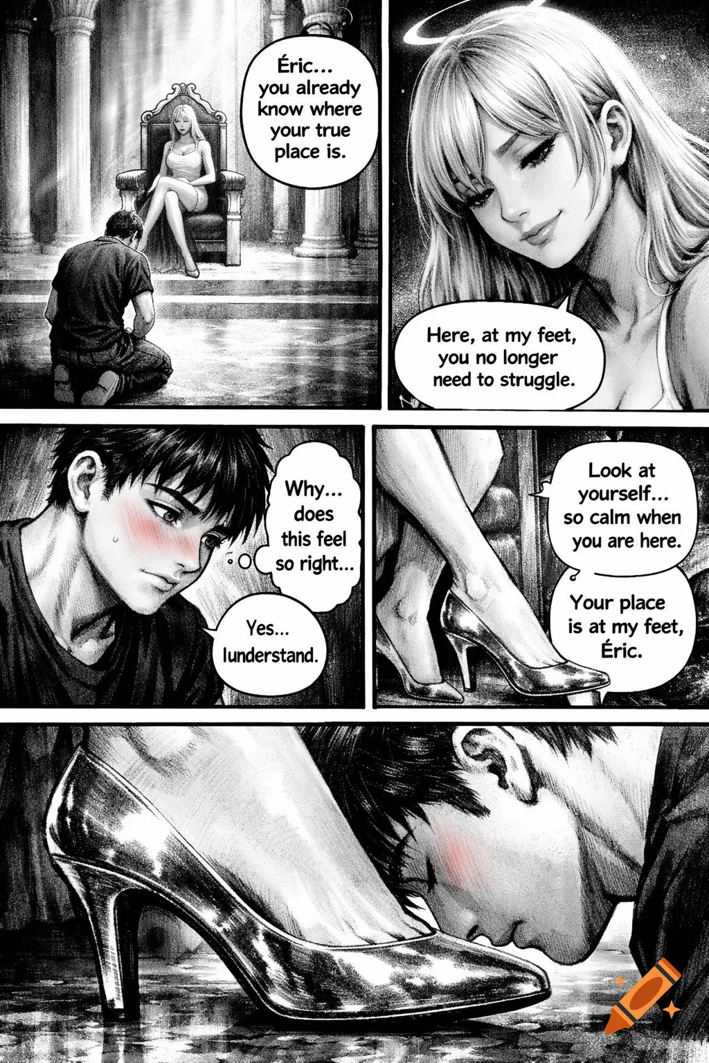 A monochromatic manga panel showing a man kneeling before a woman on a throne, then close-ups of the woman's foot and the man kissing her shoe, with dialogue in speech bubbles.