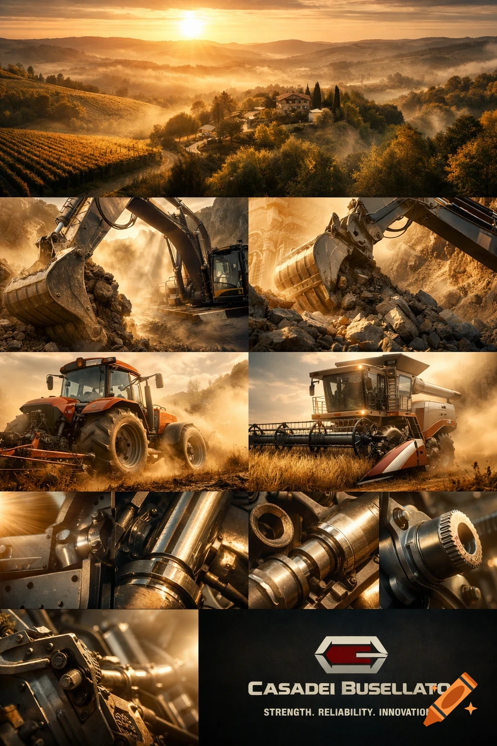 A multi-panel image displaying golden hour landscapes, excavators, tractors, combine harvesters, mechanical parts, and a 'Casadei Busellato' logo with a tagline.