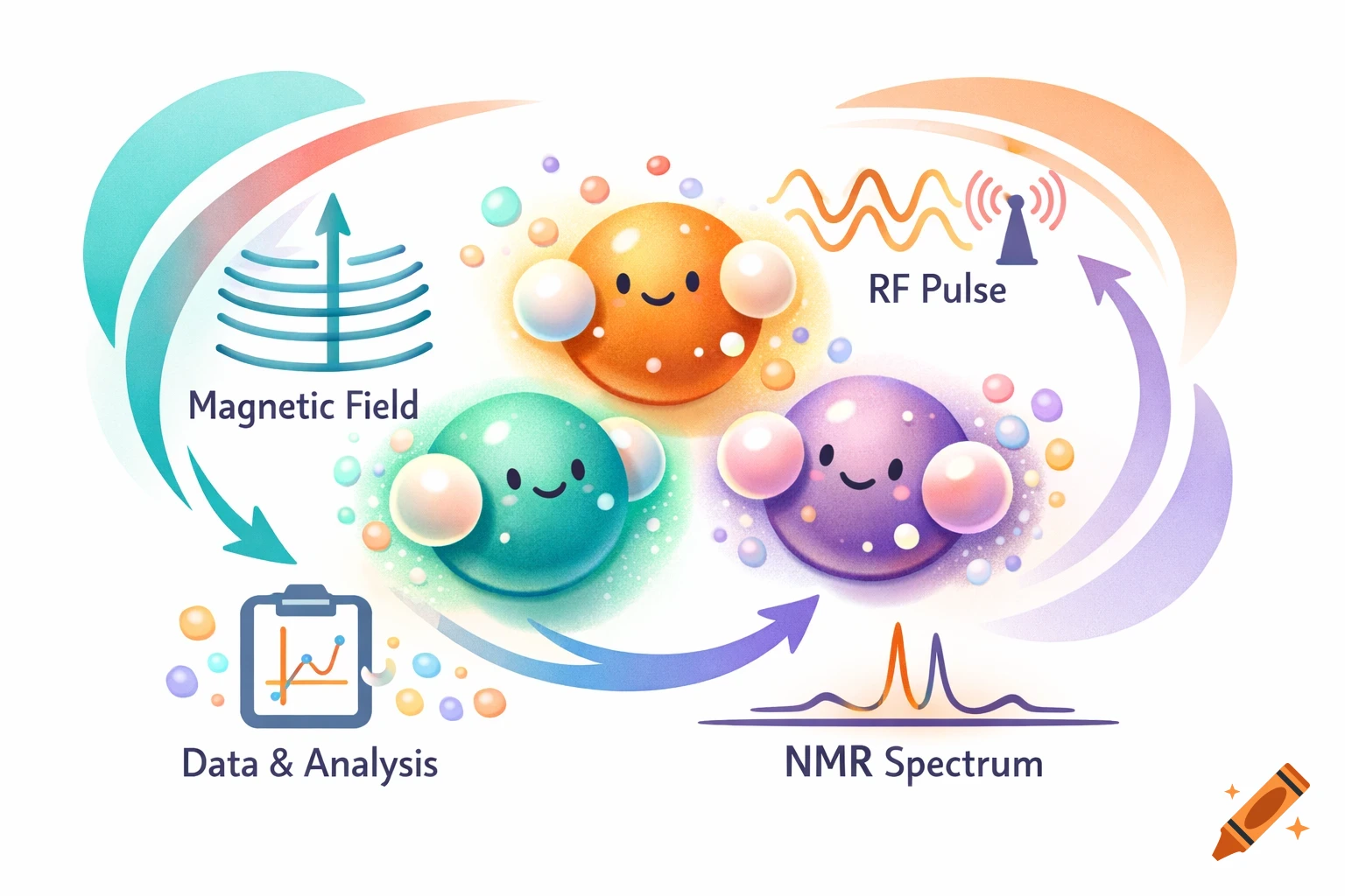 A playful science illustration of NMR spectroscopy, showing smiling molecules, a magnetic field, RF pulse, data analysis, and an NMR spectrum.