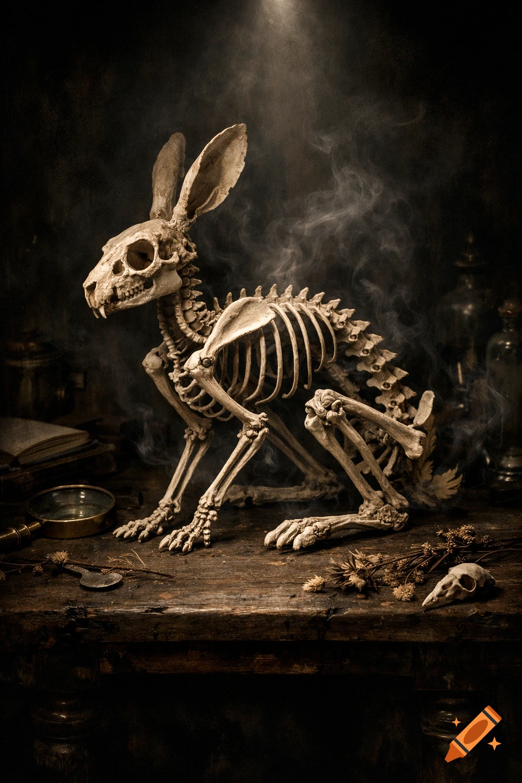 A detailed rabbit skeleton sits on a rustic wooden table with scientific instruments, shrouded in smoke, in a dark, atmospheric setting.