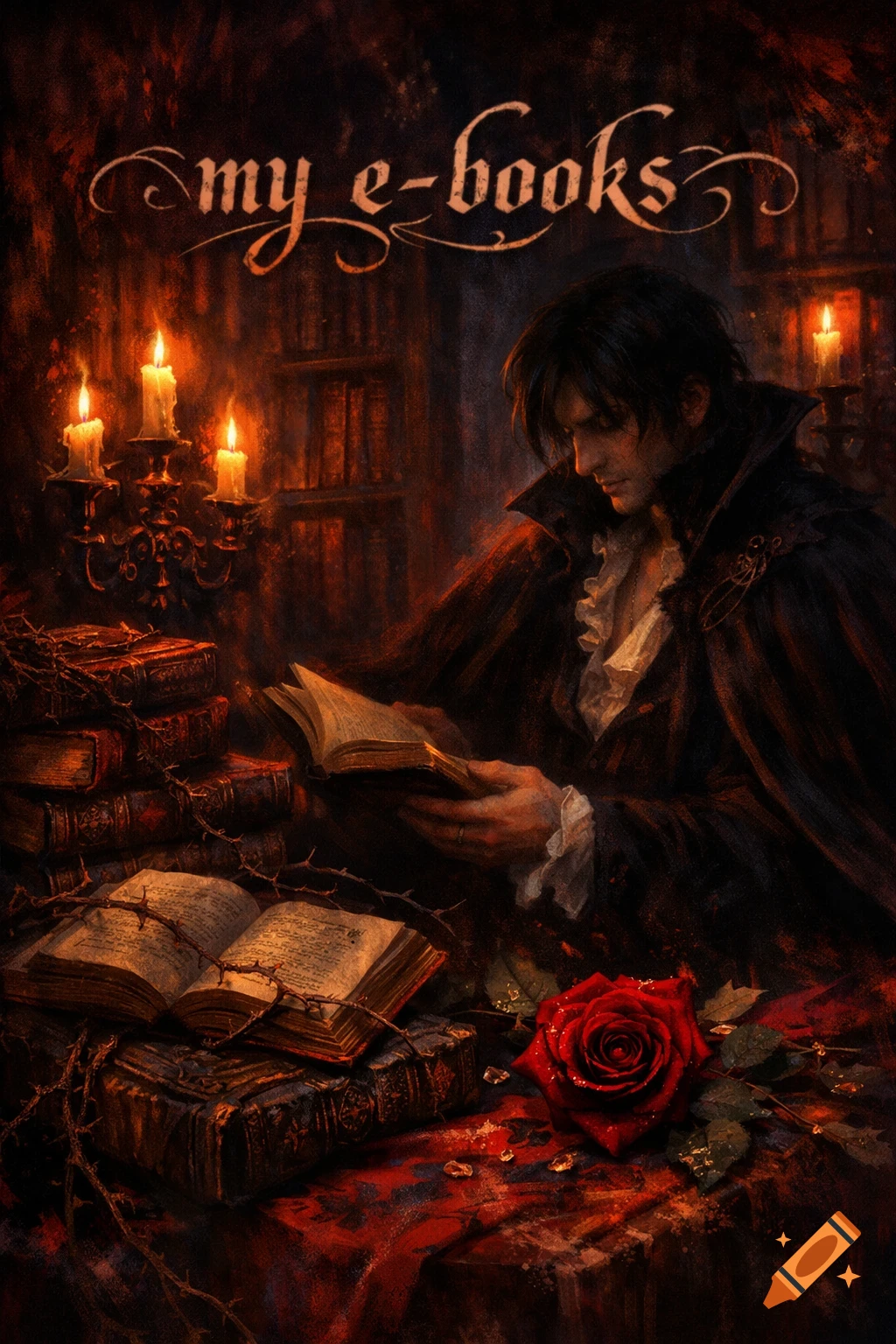 A man in dark gothic attire reads old books by candlelight, with a red rose and thorns on a table. Dark romance style.