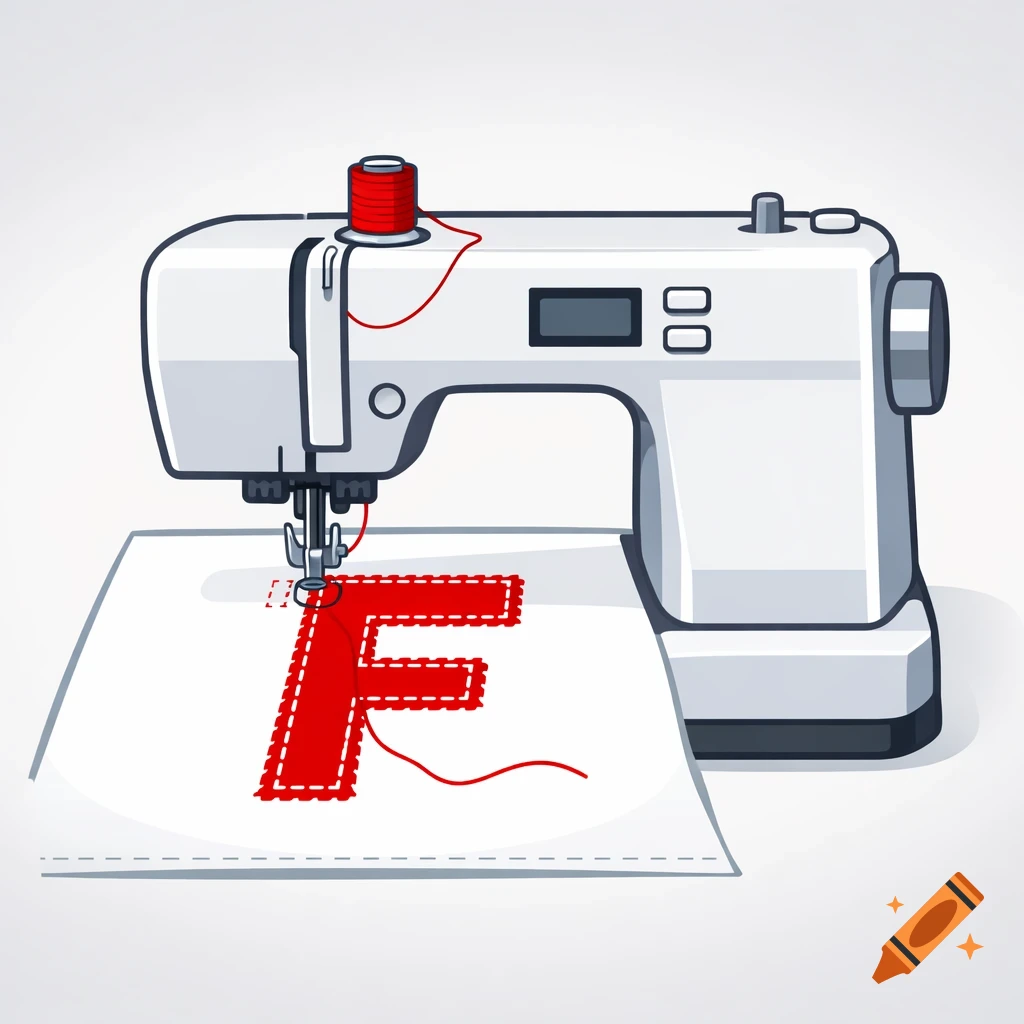 A white sewing machine stitching a red letter F onto white fabric, depicted in a clean pictogram style.