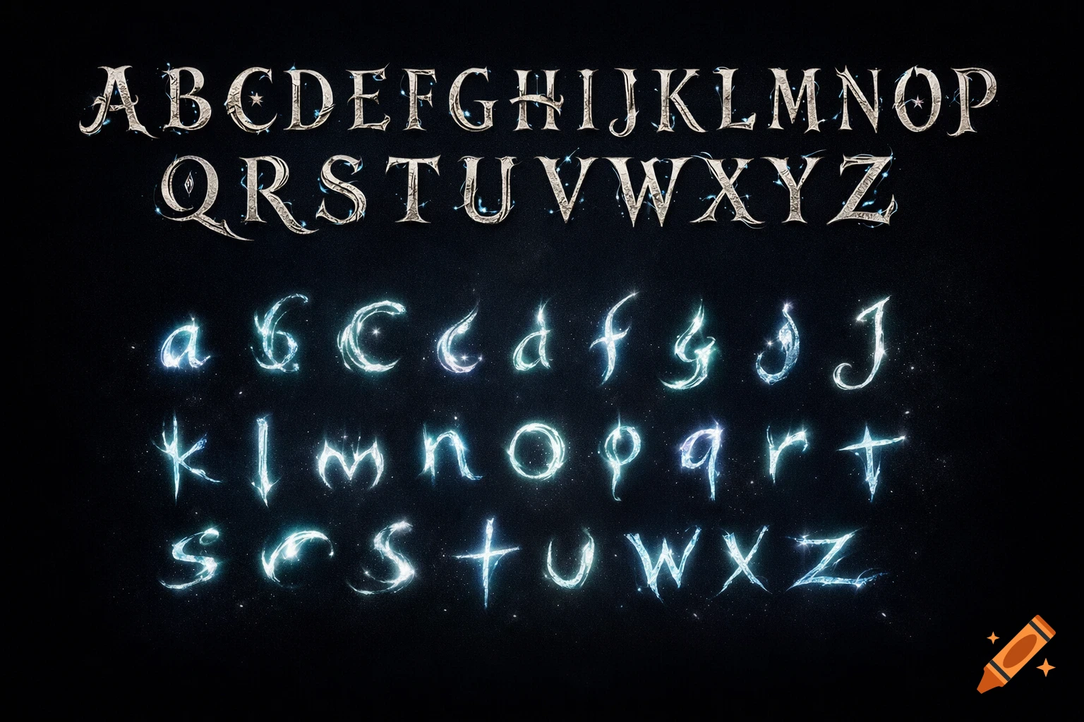A complete English alphabet on a dark, starry background. Uppercase letters are metallic and ornate, lowercase letters are glowing and fluid.