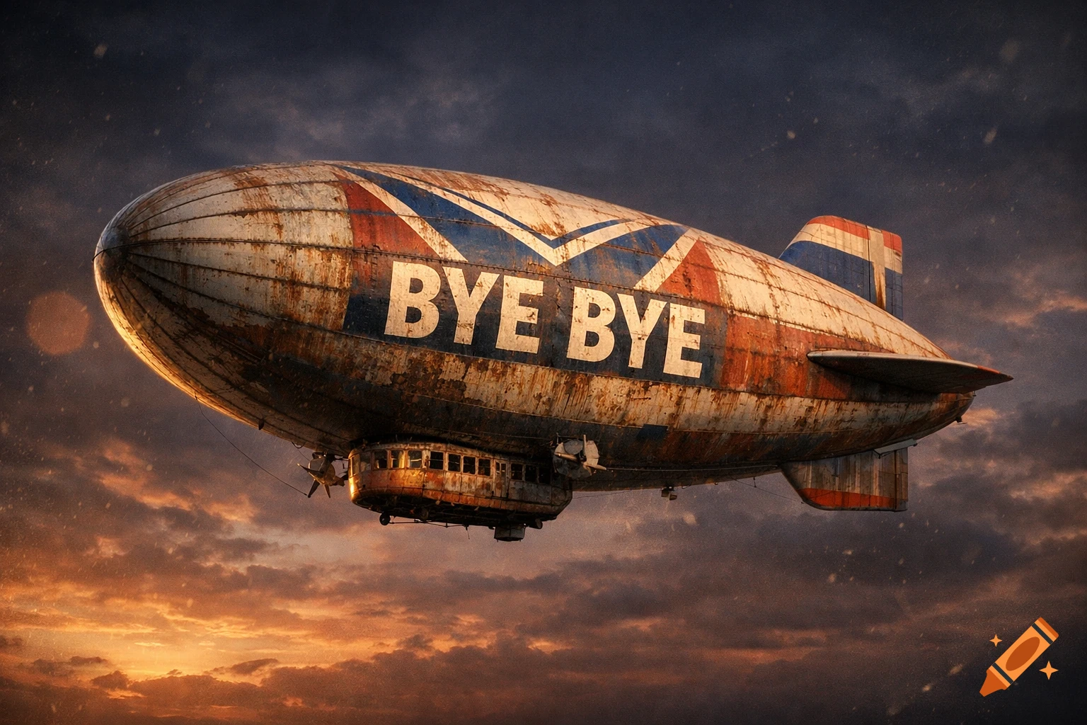 A rusty, retro-style zeppelin with 'BYE BYE' painted on its side, flying against a dramatic sunset sky.