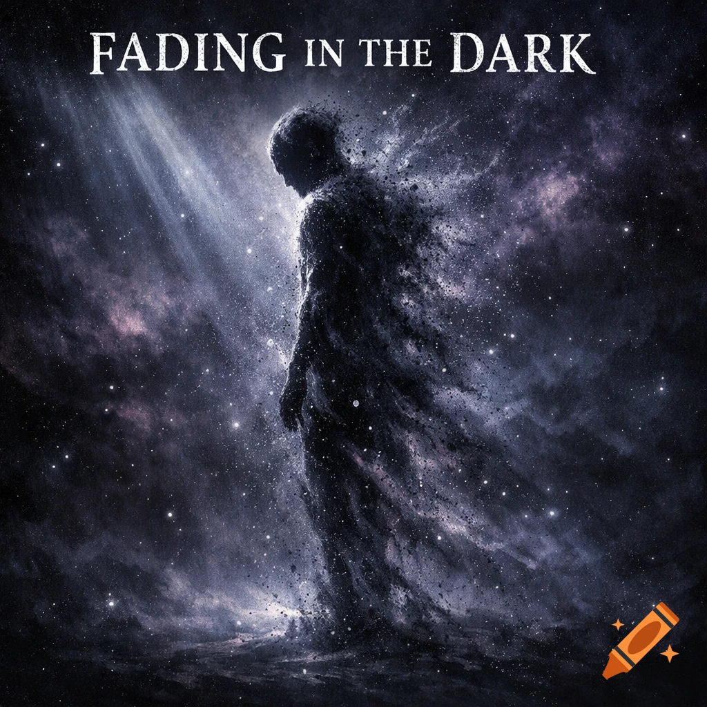 A shadowy figure dissipates into sparkling cosmic dust against a dark starry sky with 'FADING IN THE DARK' text.