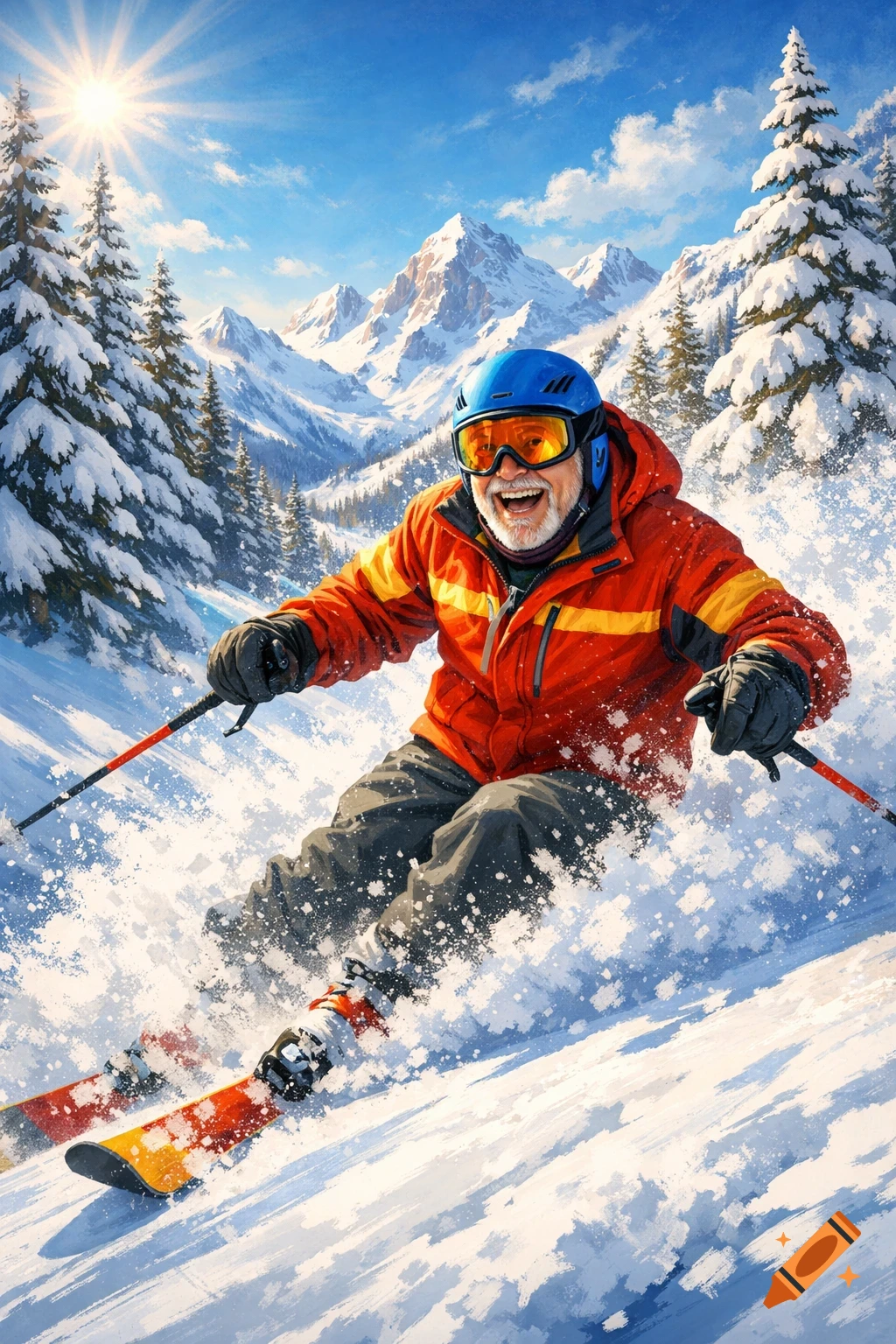 A smiling older man in an orange jacket, blue helmet, and goggles downhill skis through a burst of snow on a sunny mountain slope.