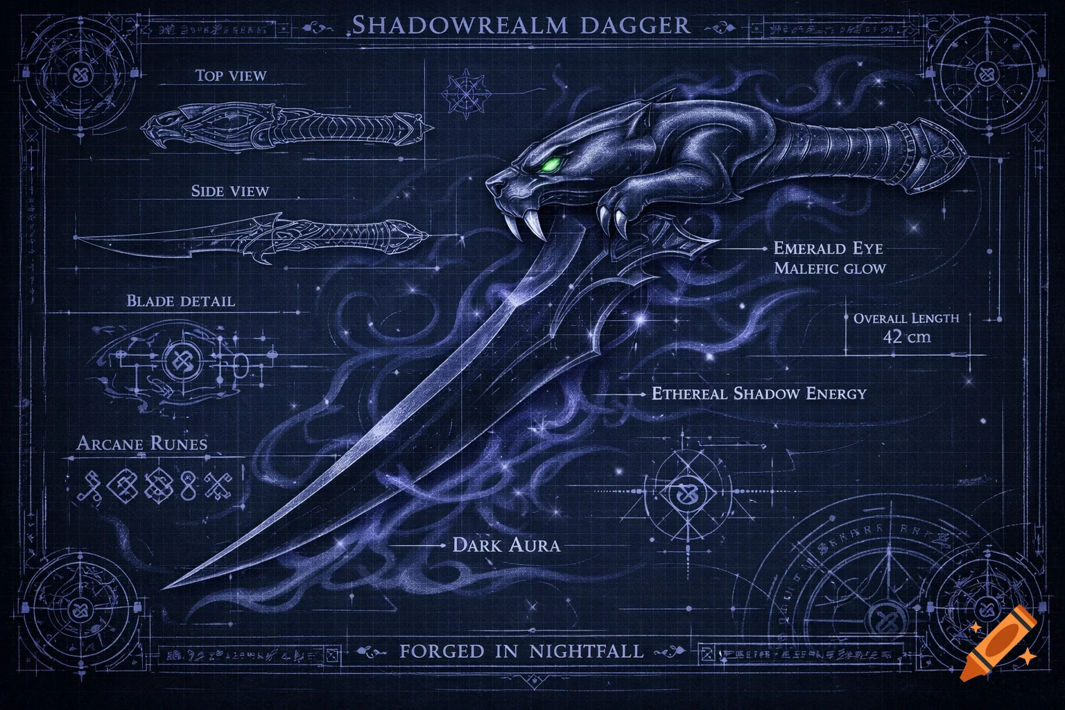 A dark blueprint of a fantasy dagger with a panther-shaped hilt, glowing green eyes, and an ethereal shadow aura. Labels include 'Shadowrealm Dagger' and 'Overall Length 42 cm'.