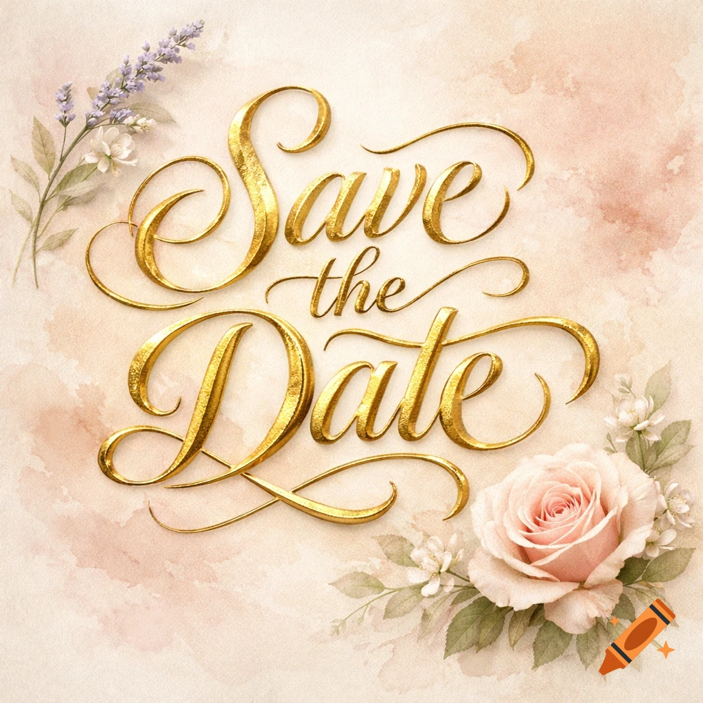 Gold script 'Save the Date' text on a watercolor background with lavender and a pink rose.