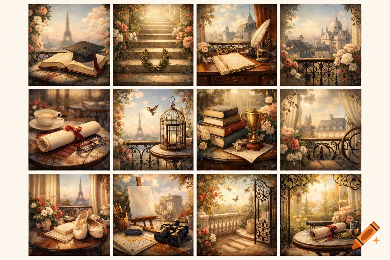 Grid of 11 vintage-style illustrations depicting Parisian scenes with the Eiffel Tower, academic items, lush flowers, and charming artifacts.