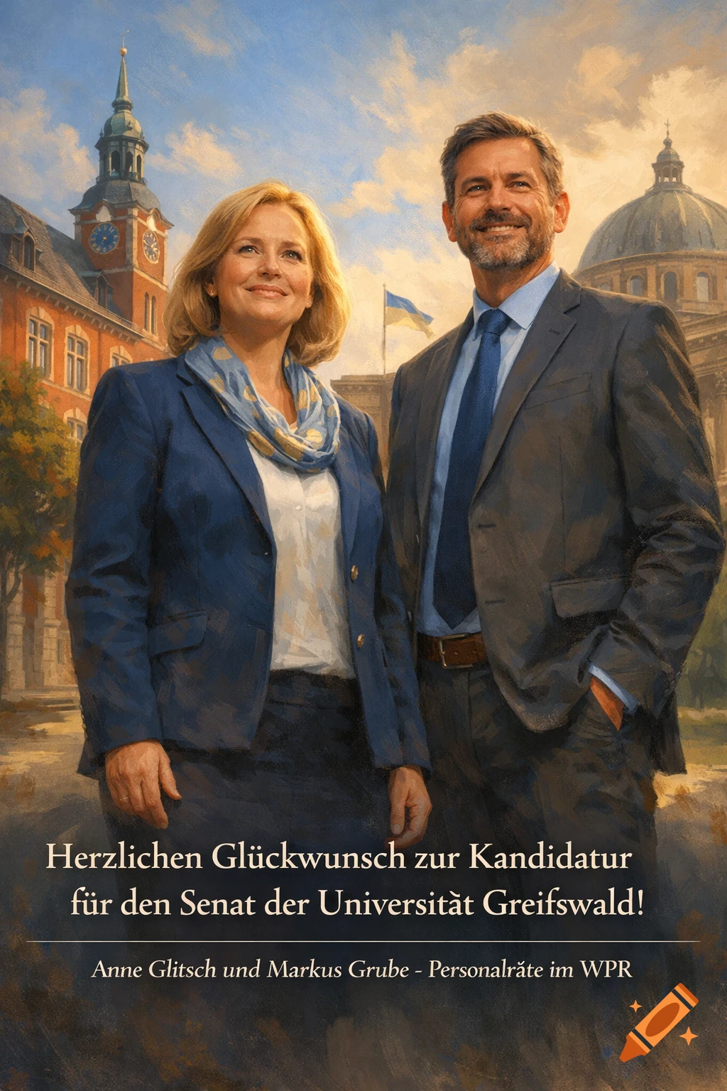 Two professionally dressed people, a woman and a man, stand smiling in front of university buildings under a blue sky, with German text below. Painted style.