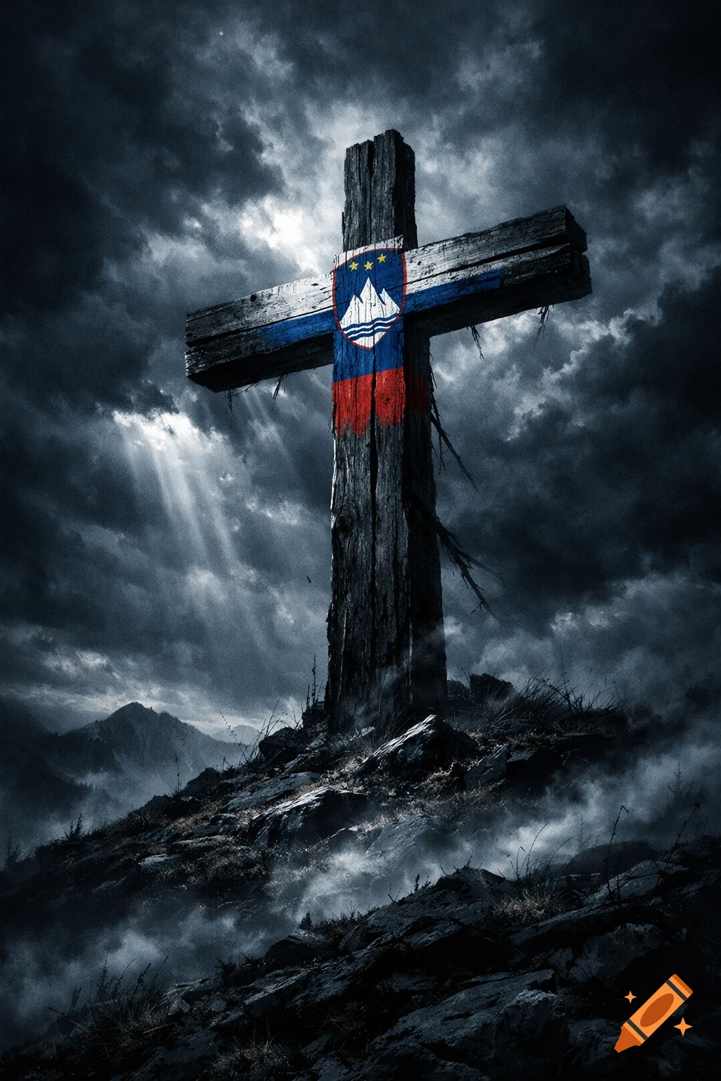 A large wooden cross painted with the Slovenian flag stands on a rocky hill under a dramatic, cloudy sky with light rays.