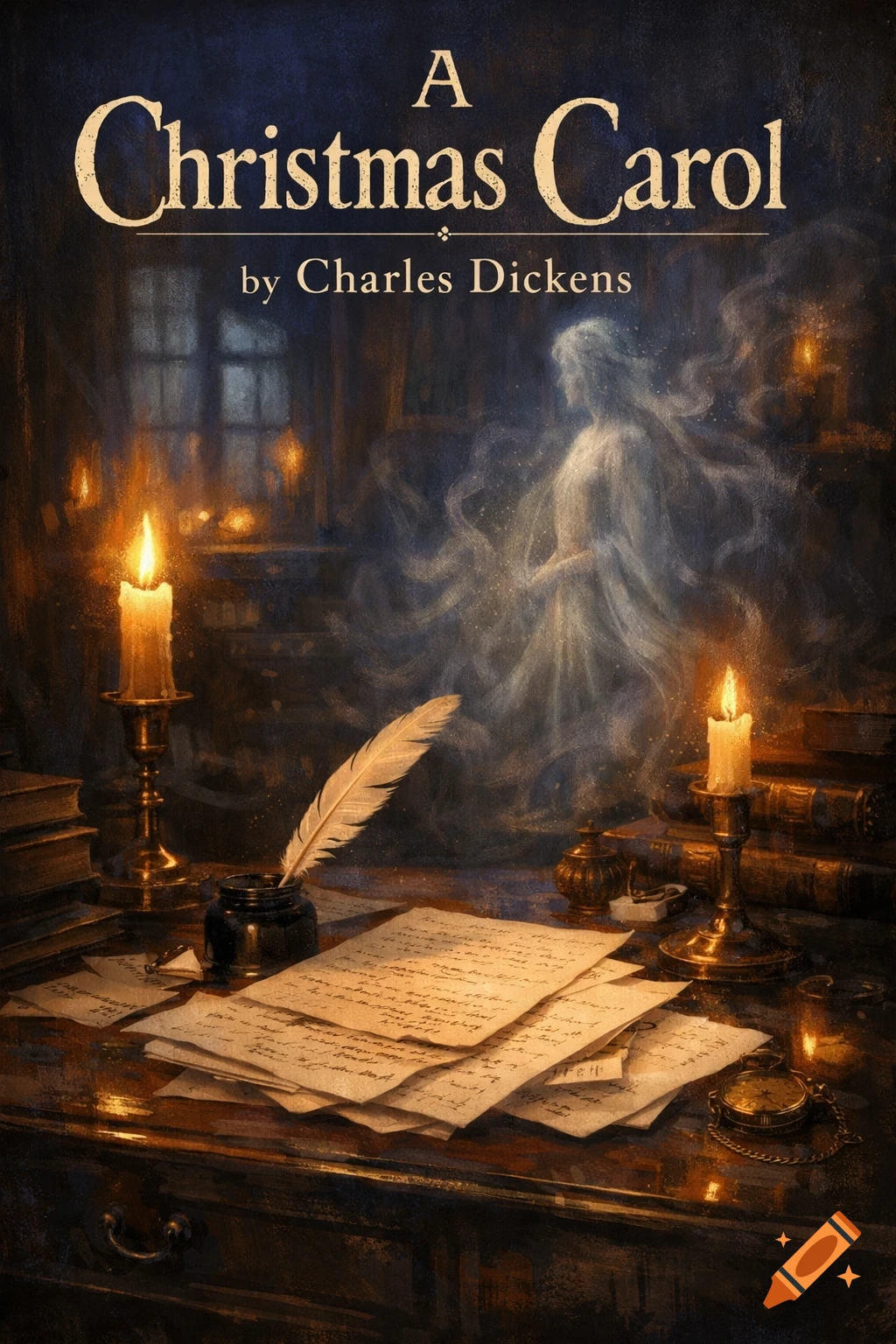 Vintage book cover for A Christmas Carol with candles, quill, and a ghostly figure in a dark, atmospheric room.