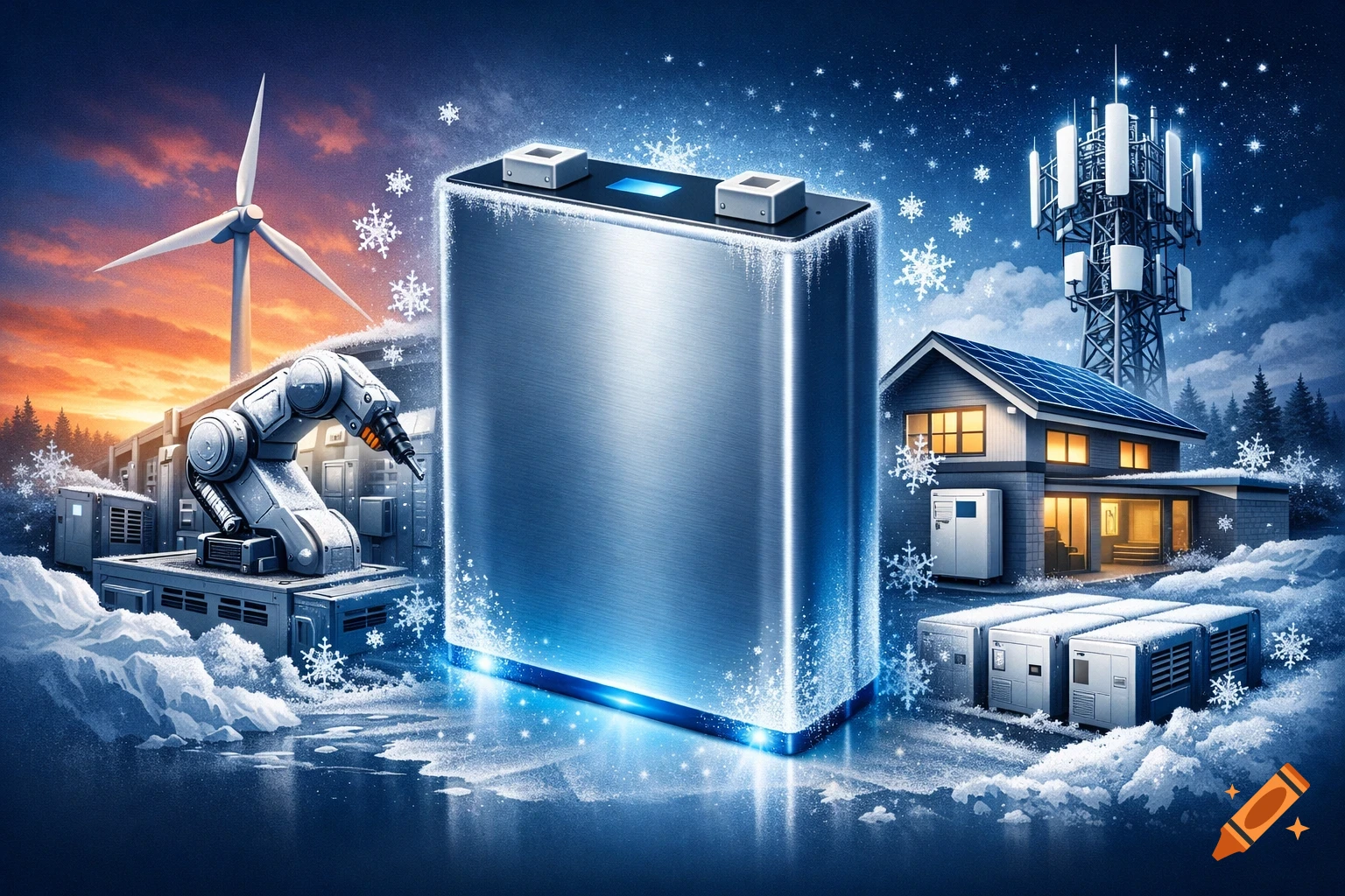 A large, frosty prismatic sodium-ion battery in a snowy landscape with a wind turbine, robotic arm, solar house, and cell tower.
