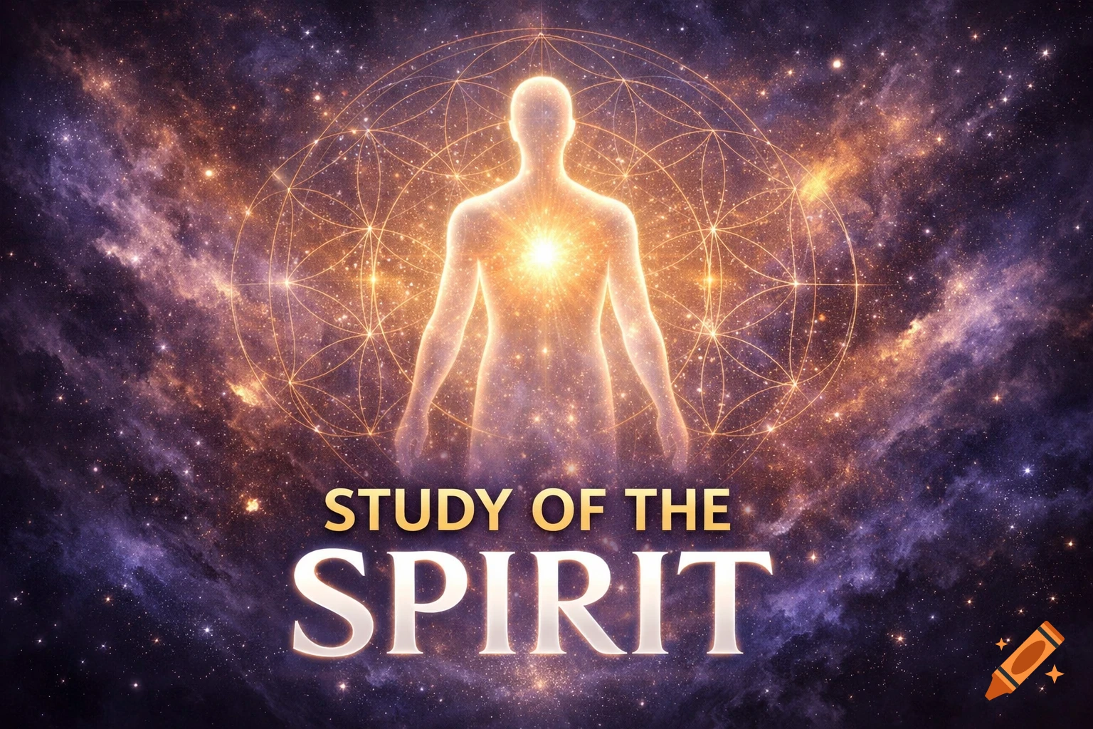Glowing human silhouette with sacred geometry and text 'STUDY OF THE SPIRIT' against a cosmic nebula background.