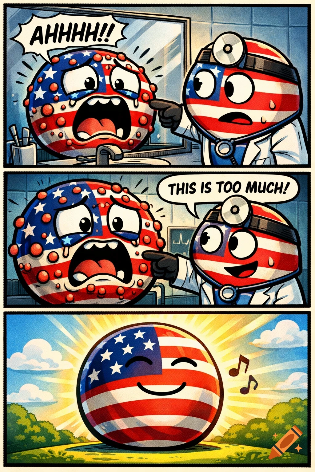A three-panel comic strip. A crying, pimply USA countryball looks in a mirror. A doctor USA countryball points at it saying 'THIS IS TOO MUCH!'. Finally, a happy, clear-skinned USA countryball smiles in a sunny field.