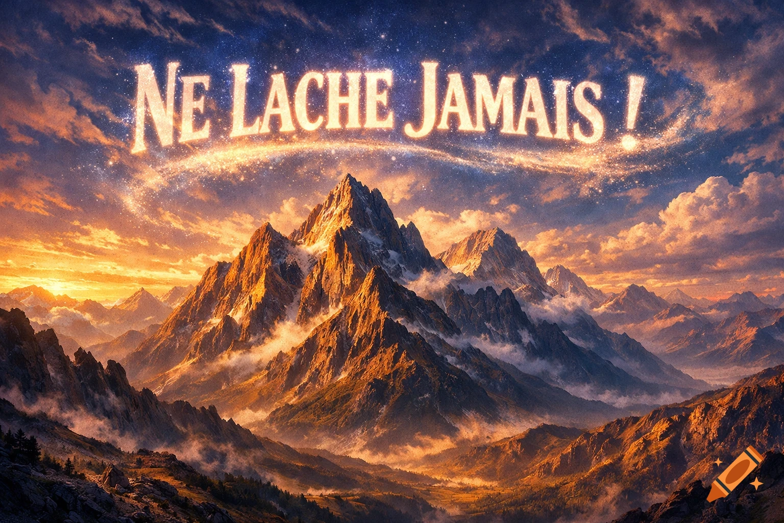 Dramatic mountain landscape at sunset with glowing text 'NE LACHE JAMAIS !' in the starry sky.