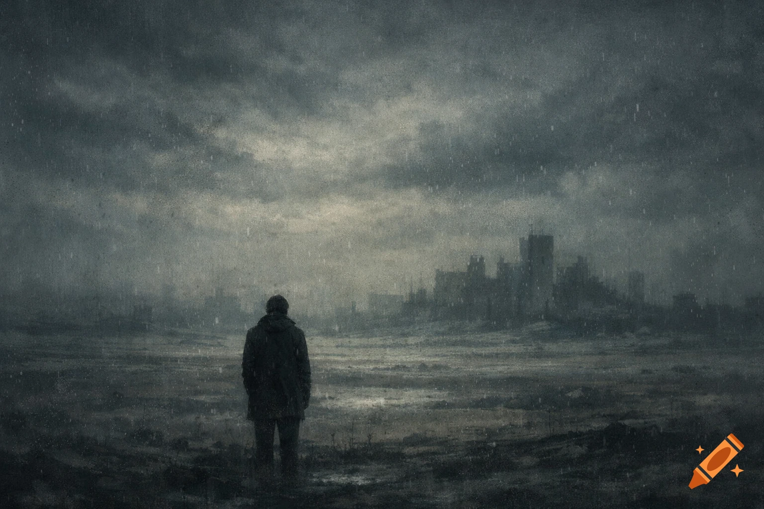 A lone figure stands looking at a bleak, rainy cityscape under a dark sky, rendered in a textured, moody style.