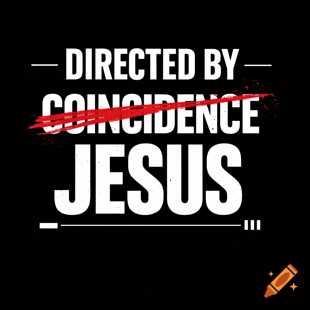 Bold white text 'DIRECTED BY' with 'COINCIDENCE' crossed out in red, and 'JESUS' below, on black background.