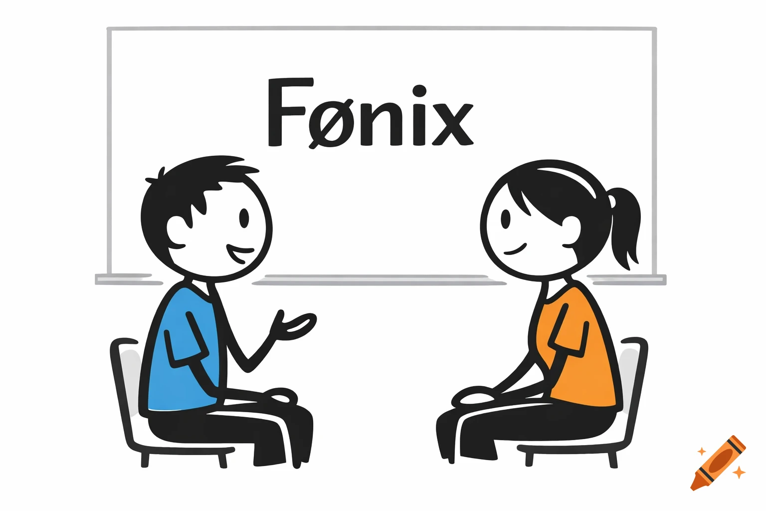 Two stick figures, a man and a woman, sit and talk in front of a whiteboard with 'Fønix' written on it in a simple cartoon style.