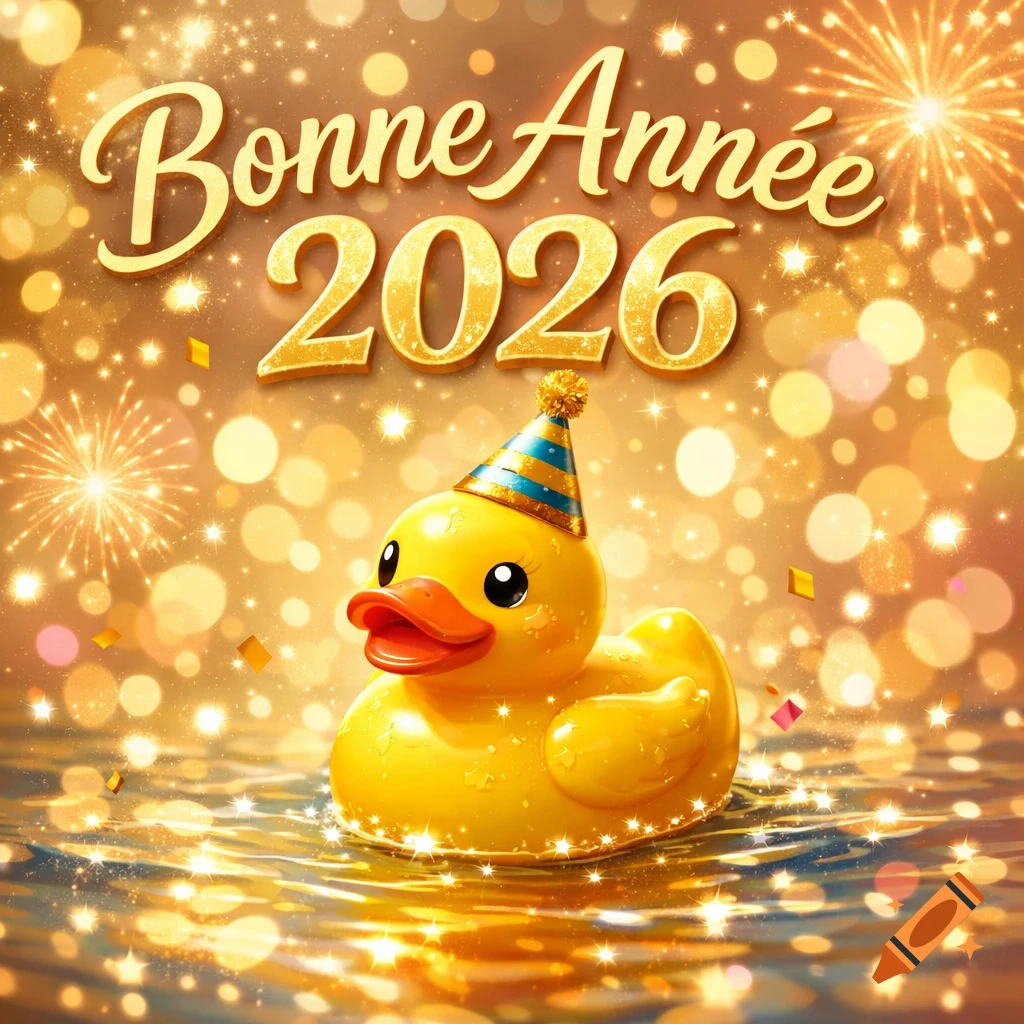 A festive rubber duck wearing a party hat floats in sparkling water under the text "Bonne Année 2026" with golden fireworks.