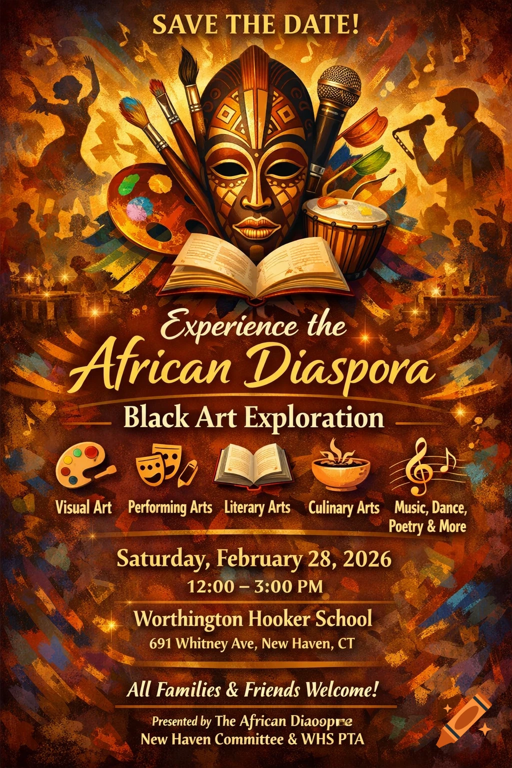 A vibrant event poster for "Experience the African Diaspora Black Art Exploration," featuring an African mask, paintbrushes, books, musical instruments, and silhouettes of dancers.