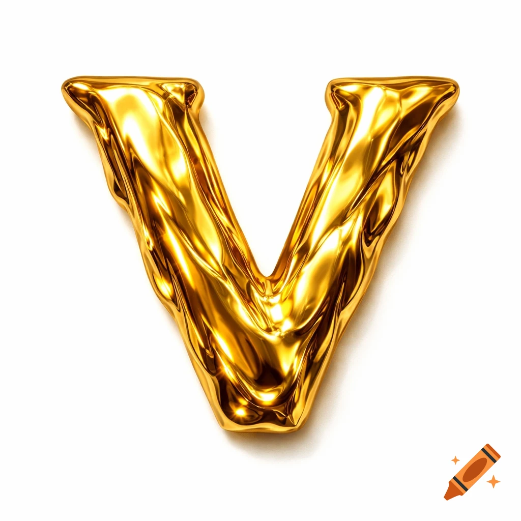 A shiny, molten metallic liquid gold letter V on a white background.