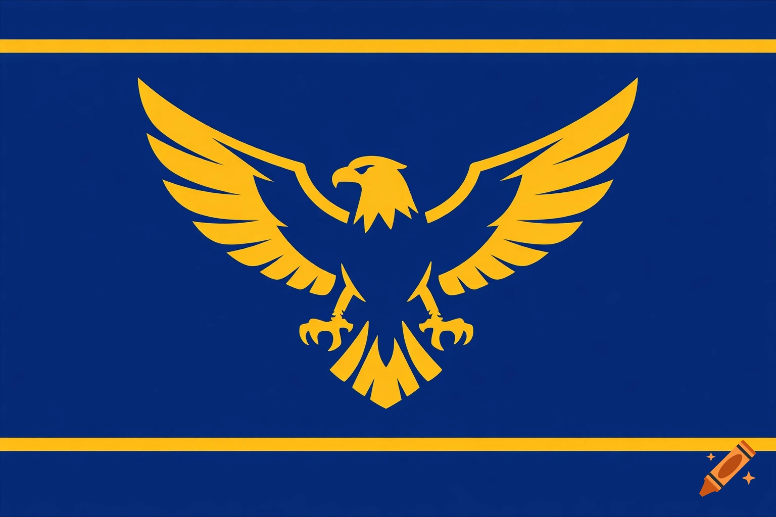 A blue flag with a large golden eagle emblem in the center and two thin golden stripes at the top and bottom.