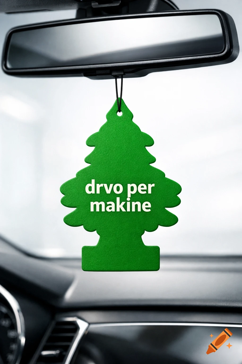 A green tree-shaped car air freshener with "drvo per makine" in white text hangs from a rearview mirror, showcasing a blurred car interior.
