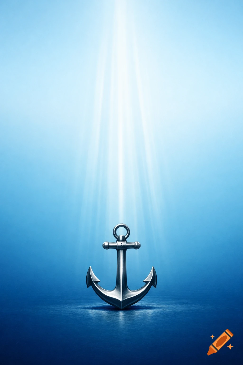 A shiny metallic anchor sits on a dark blue surface, with bright light rays beaming down from a lighter blue sky above.