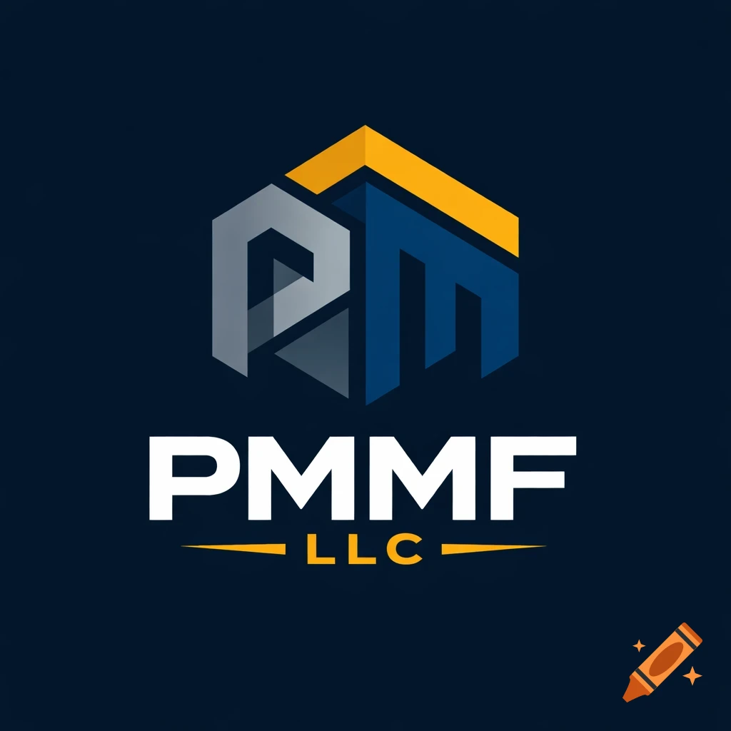 Professional geometric logo for PMMF LLC, featuring stylized letters P and M forming a building shape in blue, gray, and gold on a dark background.