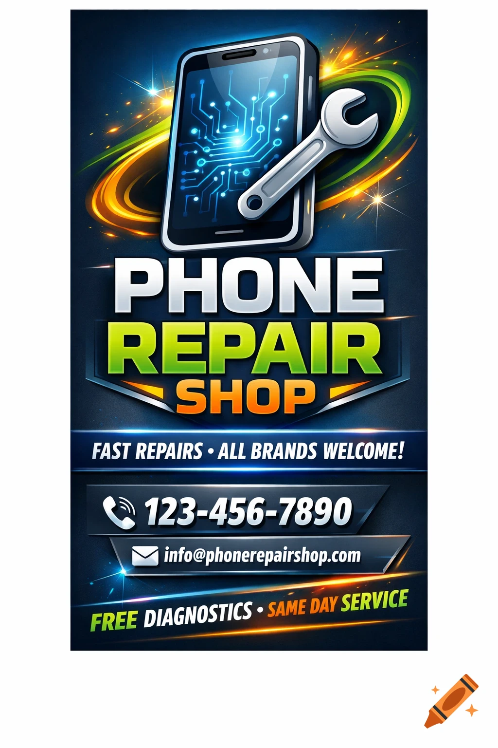 A vibrant digital advertisement for a phone repair shop, featuring a smartphone with a circuit board design and a wrench, with contact details and services listed.